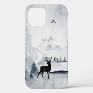 Coque iPhone 12 Renne d'hiver aquarelle grise rustique