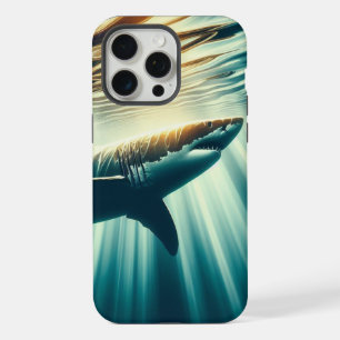 Coque iPhone 15 Pro Max Requin dans la mer bleue profonde & lumière du sol