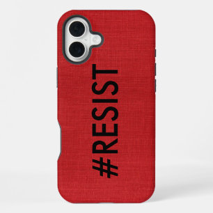 Coque iPhone 16 Plus #Résistez, texte noir sur photo de lin rouge
