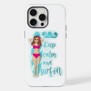 Coque iPhone 15 Pro Max Restez calme et surf sur la brunette fille Carte