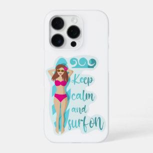 Coque iPhone 16 Pro Restez calme et surfez sur la carte de fille brune