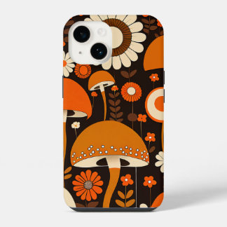 Coque Pour iPhone 14 Rétro années 70 Champignons et fleurs marron et or
