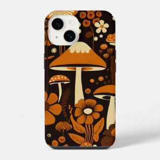 Coque Pour iPhone 14 Rétro Champignons et Fleurs Marron et Orange des A