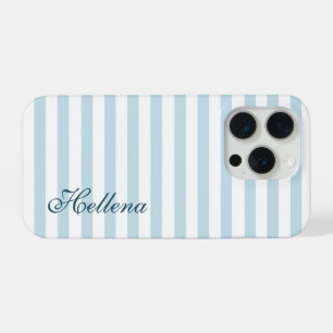 Coque iPhone 15 Pro Rétro Côtes Bleu Blanc Rayures Nom Personnalisé