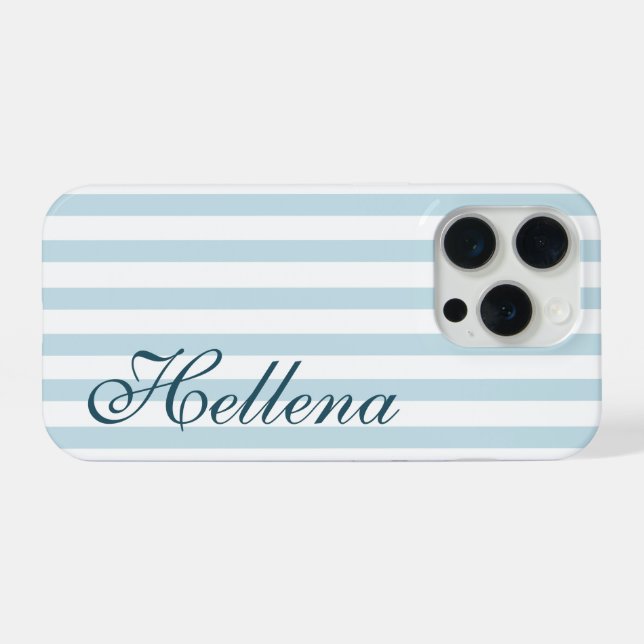 Coque iPhone Rétro Côtier Bandes Blanches et Bleues Nom Personn (Verso Horizontal)