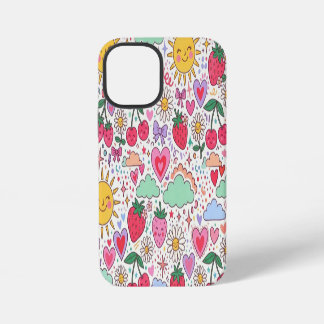 Coque iPhone 12 Mini Rétro Mignon Fraise, Soleil, et Cœurs Heureux