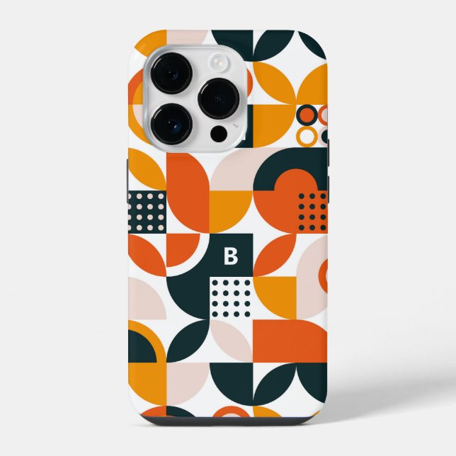Coque iPhone Rétro Orange Noir Géométrique Monogramme Initiale (Verso)