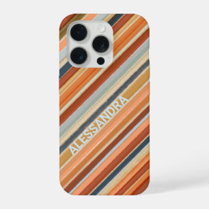 Coque iPhone 15 Pro Rétro vintage boho monogramme orange bleu rayures