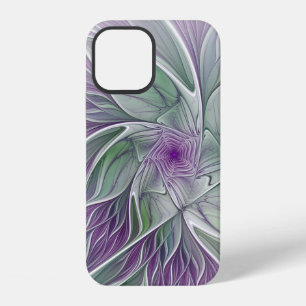 Coque iPhone 12 Rêve de fleurs, Abstrait violet vert Fractal Art
