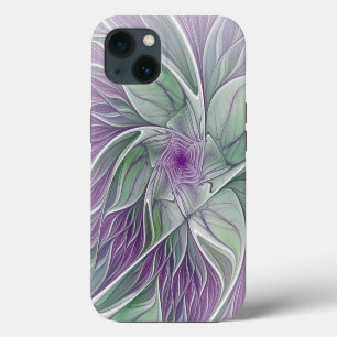 Etui iPhone 13 Rêve de fleurs, Abstrait violet vert Fractal Art