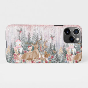 Coque iPhone 11Pro Rinder d'aquarelle rose, Snowman Joyeux Noël