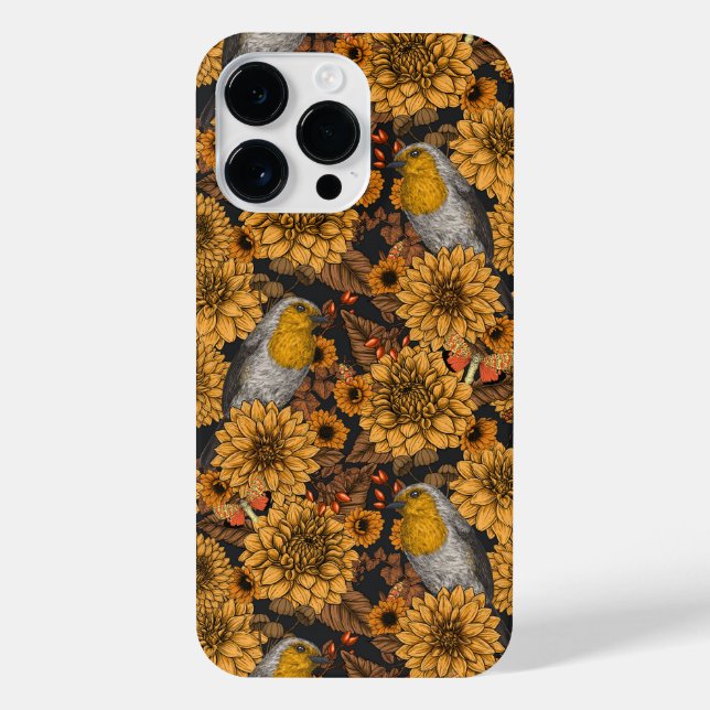 Coque iPhone Robins dans le jardin d'automne sur noir (Verso)