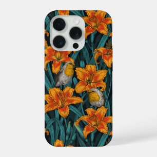 Coque iPhone 15 Pro Robins et fleurs de lys, orange et bleu