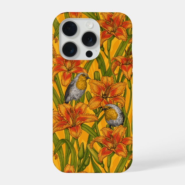 Coque iPhone Robins et fleurs de lys, orange et vert (Verso)
