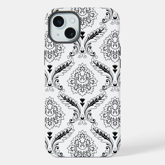 Coque iPhone Rococo Damask Line Pattern Black on White (Verso)