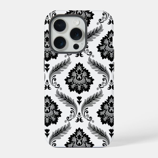 Coque iPhone Rococo Damask Pattern Grey Black White (Verso)