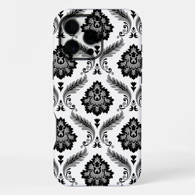 Coque iPhone Rococo Damask Pattern Grey Black White (Verso)