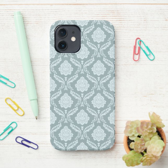 Coque iPhone Rococo Damask Rpt Pattern Duck Egg Blue+Teal (Sur le bureau)
