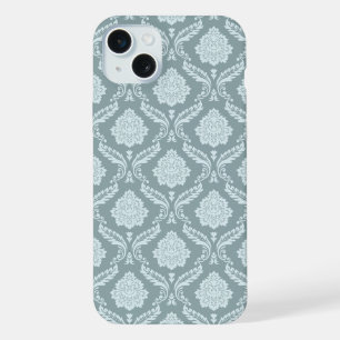 Coque iPhone 15 Plus Rococo Damassé Rpt Motif Œuf de Canard Bleu+Turquo