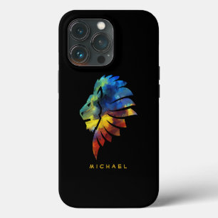 Etui iPhone 13 Pro Roi Lion Aquarelle Colorée Monogramme pour Lui