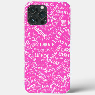 Coque iphone rose avec texte d'amour multilingue