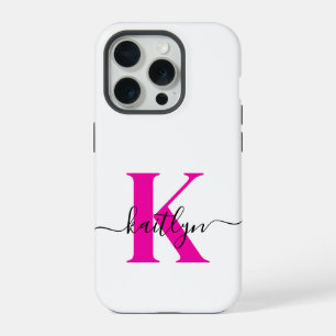 Coque iPhone 15 Pro Rose Chaud Noir Nom Initial Monogrammé