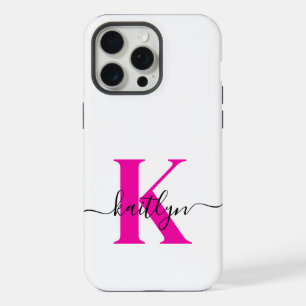 Coque iPhone 15 Pro Max Rose Chaud Noir Nom Initial Monogrammé