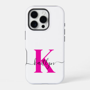 Coque iPhone 16 Pro Rose Chaud Noir Nom Initial Monogrammé