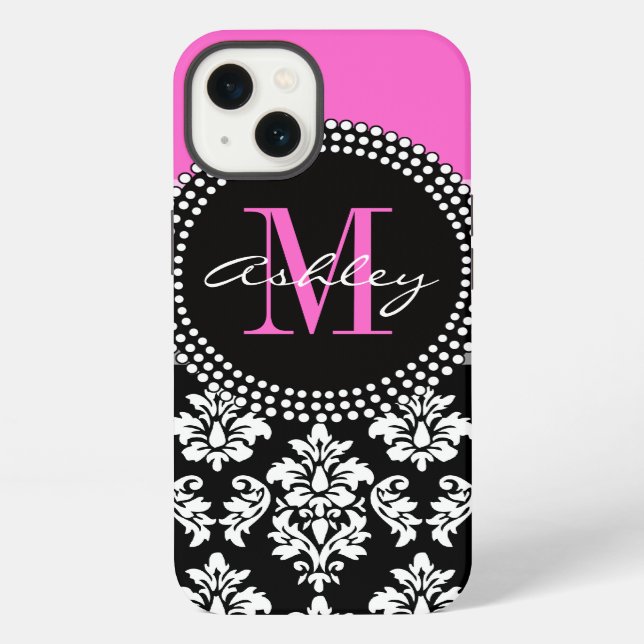 Coque iPhone Rose Chaude Noir Damassé Monogrammé (Verso)
