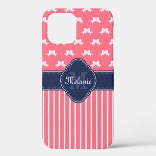 Coque iPhone 12 Rose Clair Motif Ruban Blanc Monogramme Navy