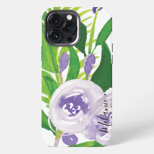 Coque iPhone Rose de verdure aquarelle nom de script violet  (Verso)