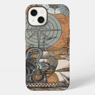 Etui iPhone 13 Rose des vents vintage nautique pieuvre bateau