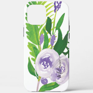 Coque iPhone 12 Pro Max Rose en aquarelle végétation violette nom de scrip
