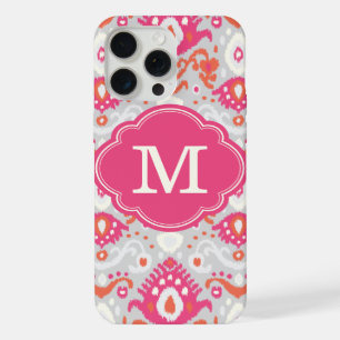 Coque iPhone 15 Pro Max Rose et Ikat Corail Monogramme Personnalisé