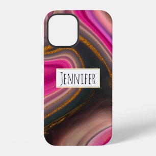 Coque iPhone 12 Rose et noir abstrait avec tourbillons dorés
