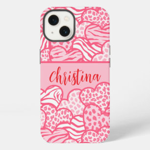 Etui iPhone 13 Rose Féminin Rose Pâle Imprimé Animaux Cœurs Nom 