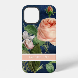 Coque iPhone 12 Rose Floral Élégant Rose Pâle avec Bois Navy