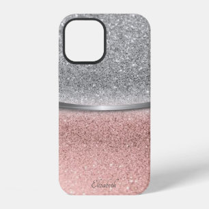 Coque iPhone 12 Rose gold et argent pailleté bokeh élégant