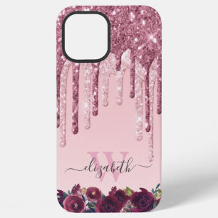 Coque iPhone 12 Pro Max Rose Gold et Burgundy Paillettes Monogrammées