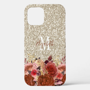 Coque iPhone 12 Rose Gold Floral Parties scintillant or clair Mono