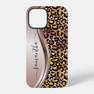 Coque iPhone 12 Pro Rose Gold Léopard Métal Nom Manuscrit