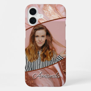 Coque iPhone 16 Plus Rose Gold Luxe Pailleté Marbre Photo