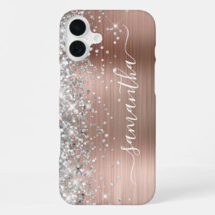 Coque iPhone 16 Plus Rose Gold Métallic Pailleté Argent Signature Fémin