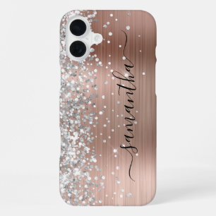 Coque iPhone 16 Plus Rose Gold Métallisé Paillettes Argentées Signature