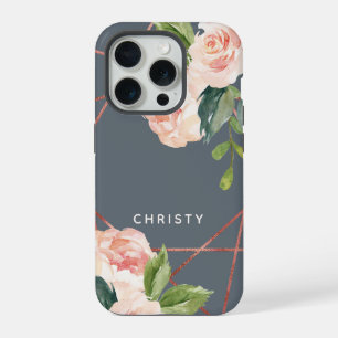 Coque iPhone 15 Pro Rose Gold Monogramme Aquarelle Florale Bleu Poussi