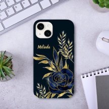 Rose Gold Monogramme Feuilles Bleu Marine