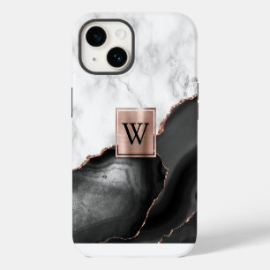 Coque Pour iPhone 14 Rose Gold Noir Agate Marbre Blanc Monogramme