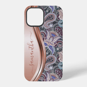 Coque iPhone 12 Pro Rose Gold Nom manuscrit Paisley Floral