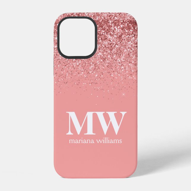 Coque iPhone Rose Gold Pailleté Élégant Script Monogrammé (Verso)