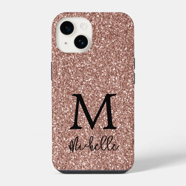 Coque iPhone Rose Gold Pailleté Monogramme Initial Nom de Mode  (Verso)